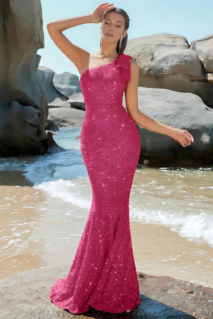 Weitese Dress Hot Pink Mermaid One Shoulder Party Dress Sleeveless Maxi Dress With Sparkly Prom Dress